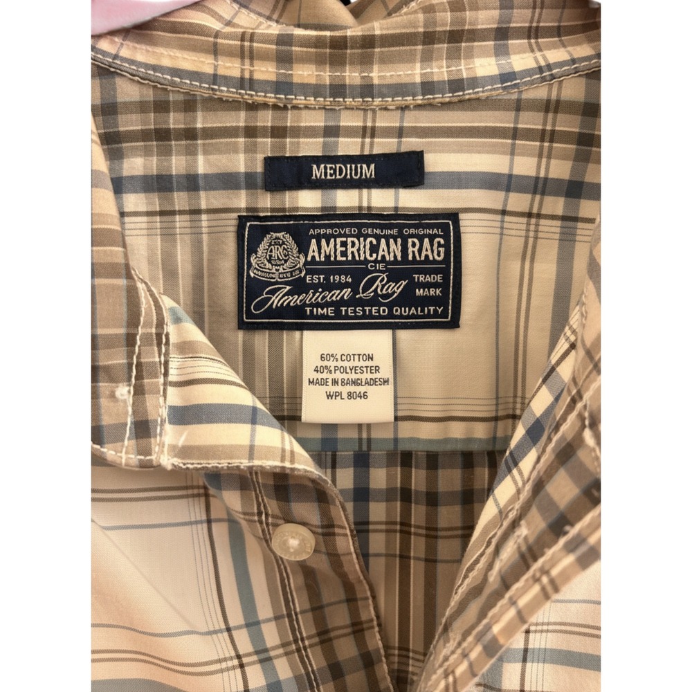 American Rag Shirt Mens M Tan Cotton Plaid Button Down Casual Americana Neutral - Picture 4 of 4